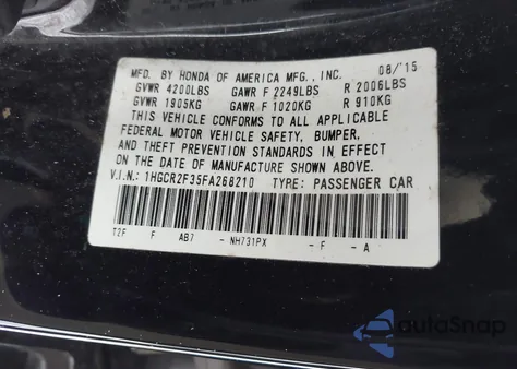 2015 Honda Accord Lx from USA, damaged, VIN 1HGCR2F35FA268210